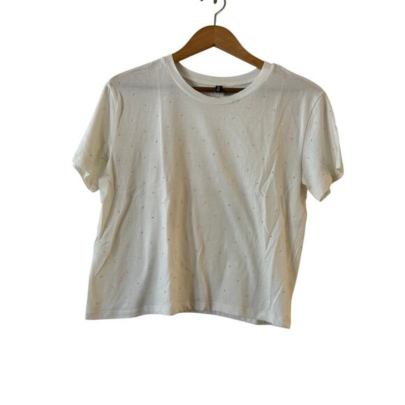 H&M Divided Studded Stud Embellished T-Shirt Size S White Crew Neck Short Sleeve - Picture 1 of 8